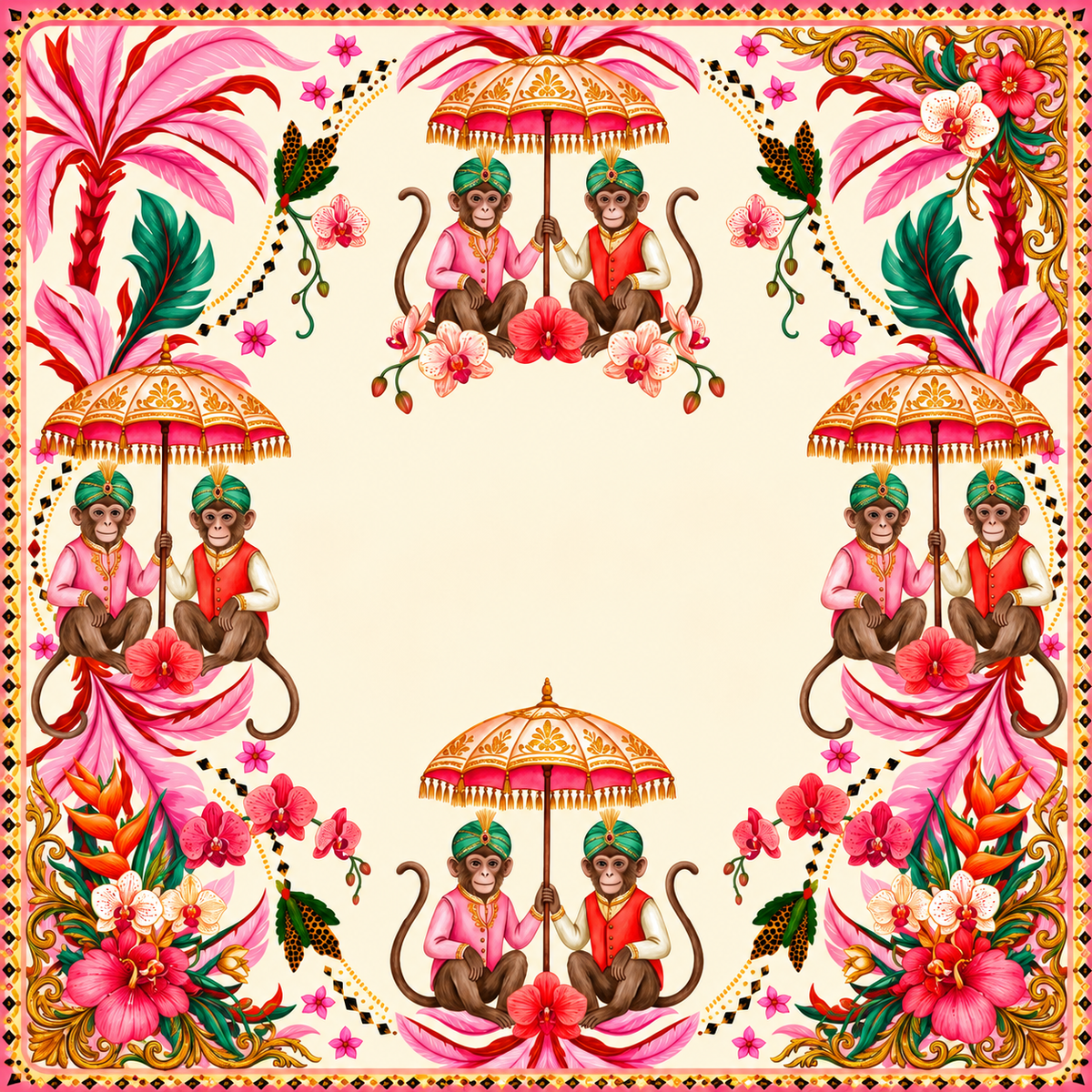 Monkey Maharaja Mahjong mat design: pairs of monkeys in turbans and red jackets under parasols with pink palms and orchids around a cream center