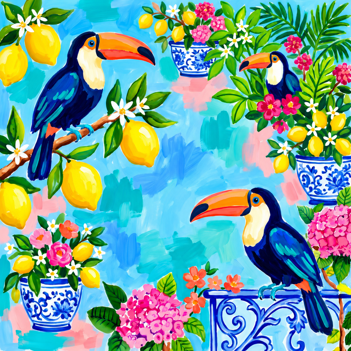 Toucan Bloom Mahjong mat design: two toucans among lemons, pink flowers and blue-and-white ginger jars on a bright blue background