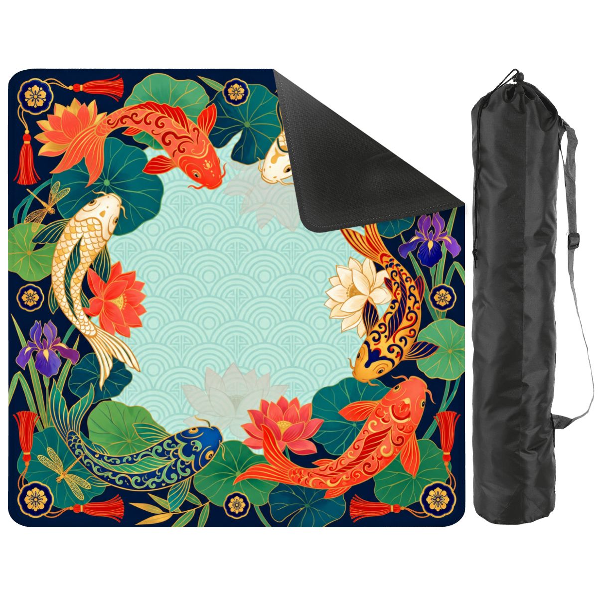 Koi Dynasty mat with a corner turned up to show the black non-slip rubber base, with black storage bag