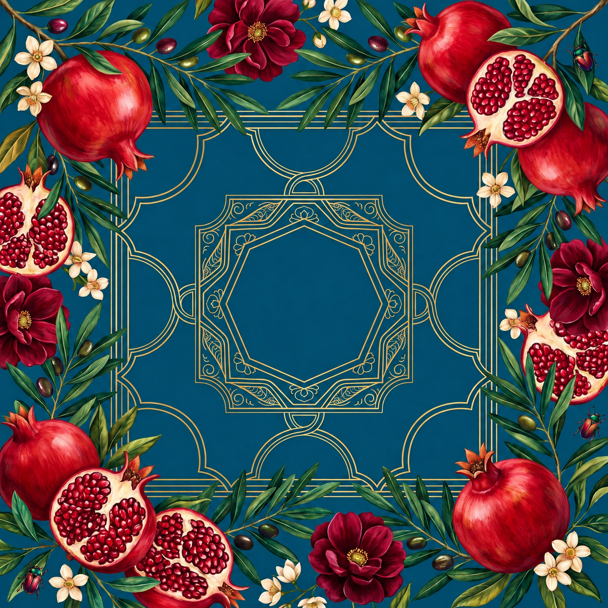 Pomegranate Garden Mahjong mat design: red pomegranates, olive branches and burgundy flowers framing a deep teal center with gold geometric lines