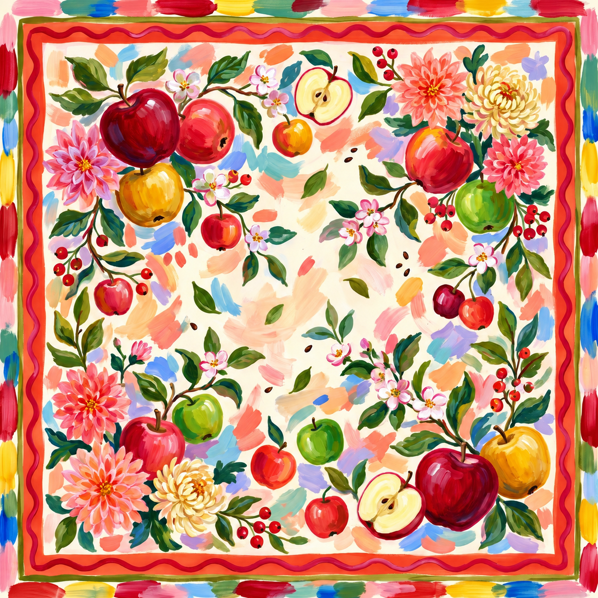 Apple Blossom Harvest Mahjong mat design with red, green, and golden apples, apple blossoms, dahlias, and red berries on a painterly cream background inside a red wavy border