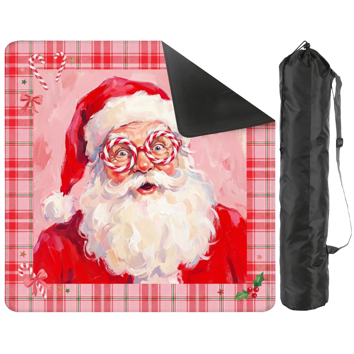 Peppermint Santa mat with the corner folded back to show the black rubber base, next to a black drawstring storage bag