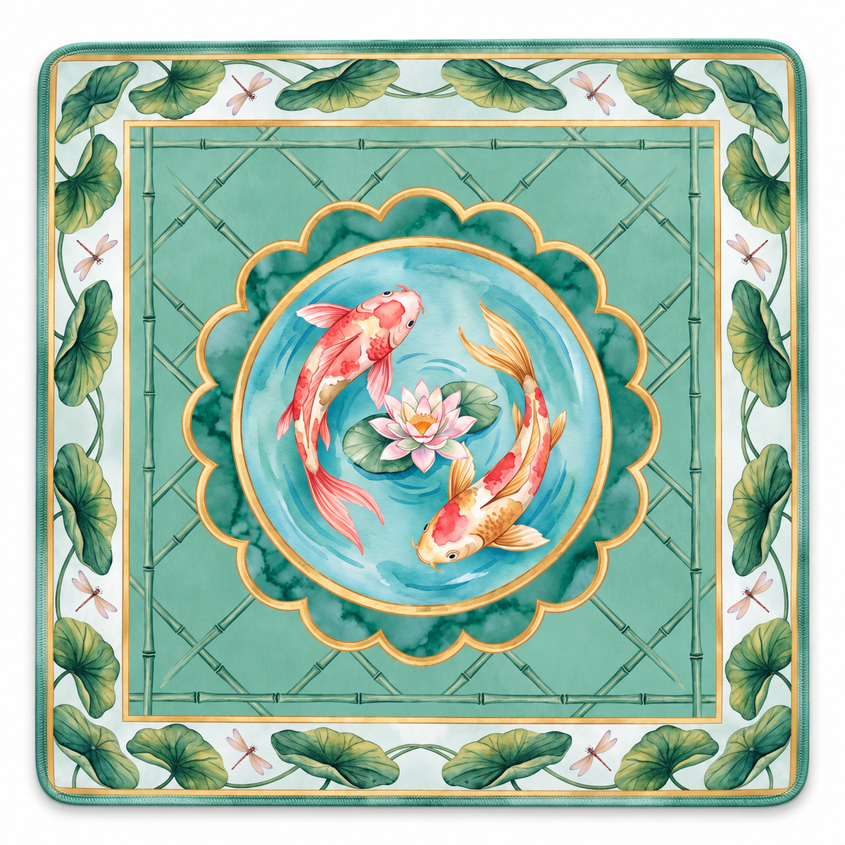 Jade Koi Garden American Mahjong mat with koi pond with a jade green border
