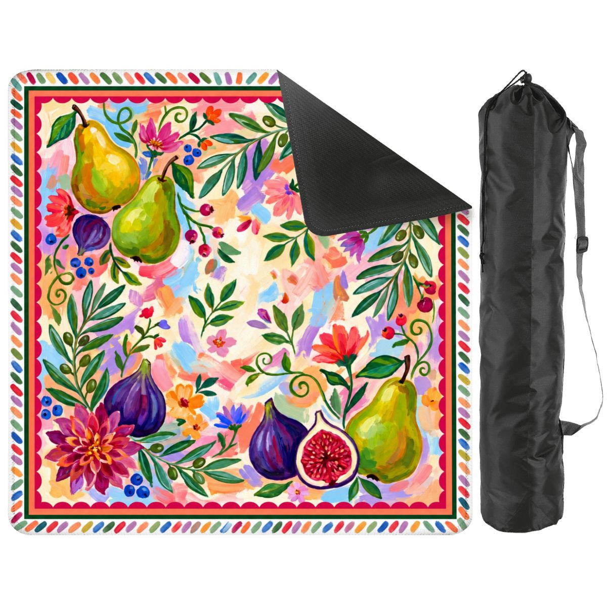 Fig & Pear Garden mat with a corner turned up to show the black rubber base, next to a black drawstring storage bag