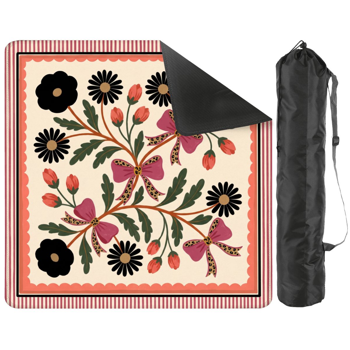 Leopard Bow Garden mat with a corner folded back to reveal the black rubber base, shown with a black drawstring storage bag