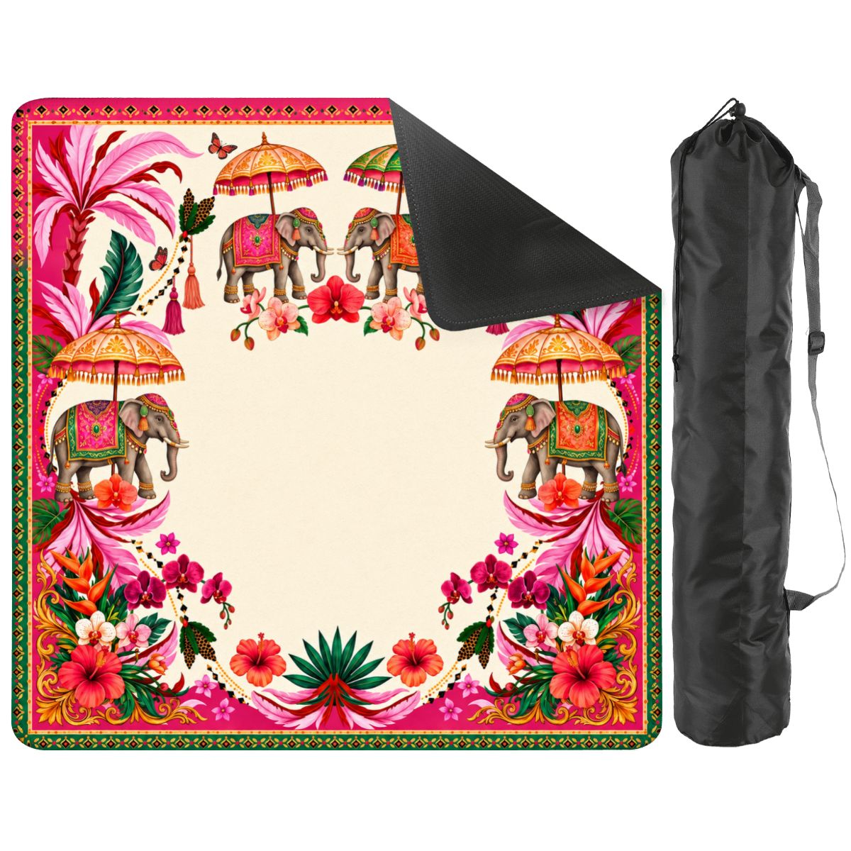 Palace Parade mat with a corner turned up to show the black non-slip rubber base, with black storage bag