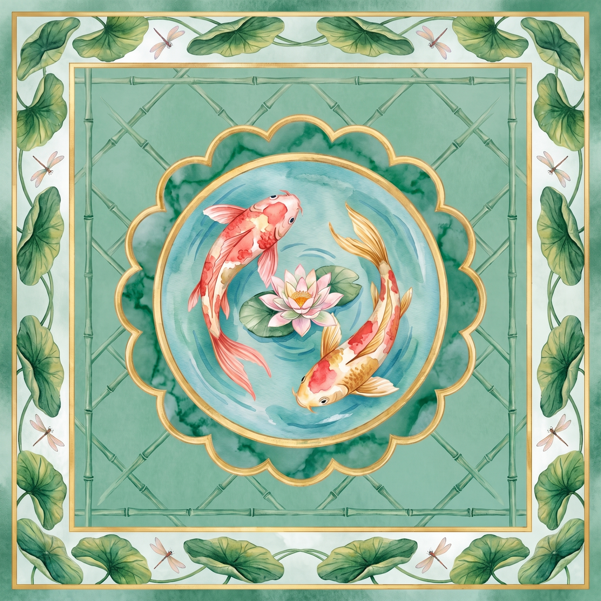 Jade Koi Garden Mahjong mat design: two koi circling a pink lotus in a round pond inside a jade green border with bamboo lattice
