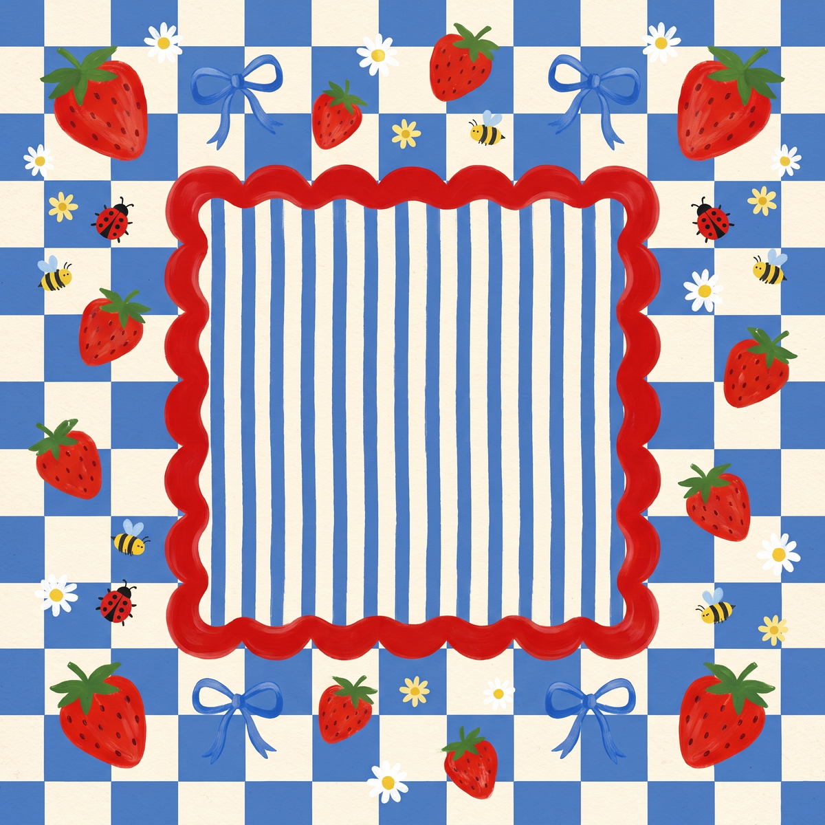 Strawberry Picnic Mahjong mat design: red strawberries and blue bows on a blue-and-cream checkerboard around a red scalloped striped center