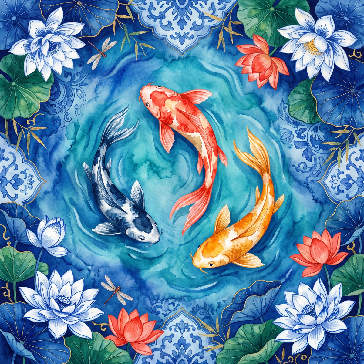 Koi Reverie American Mahjong mat with koi fish and blue lotus flowers
