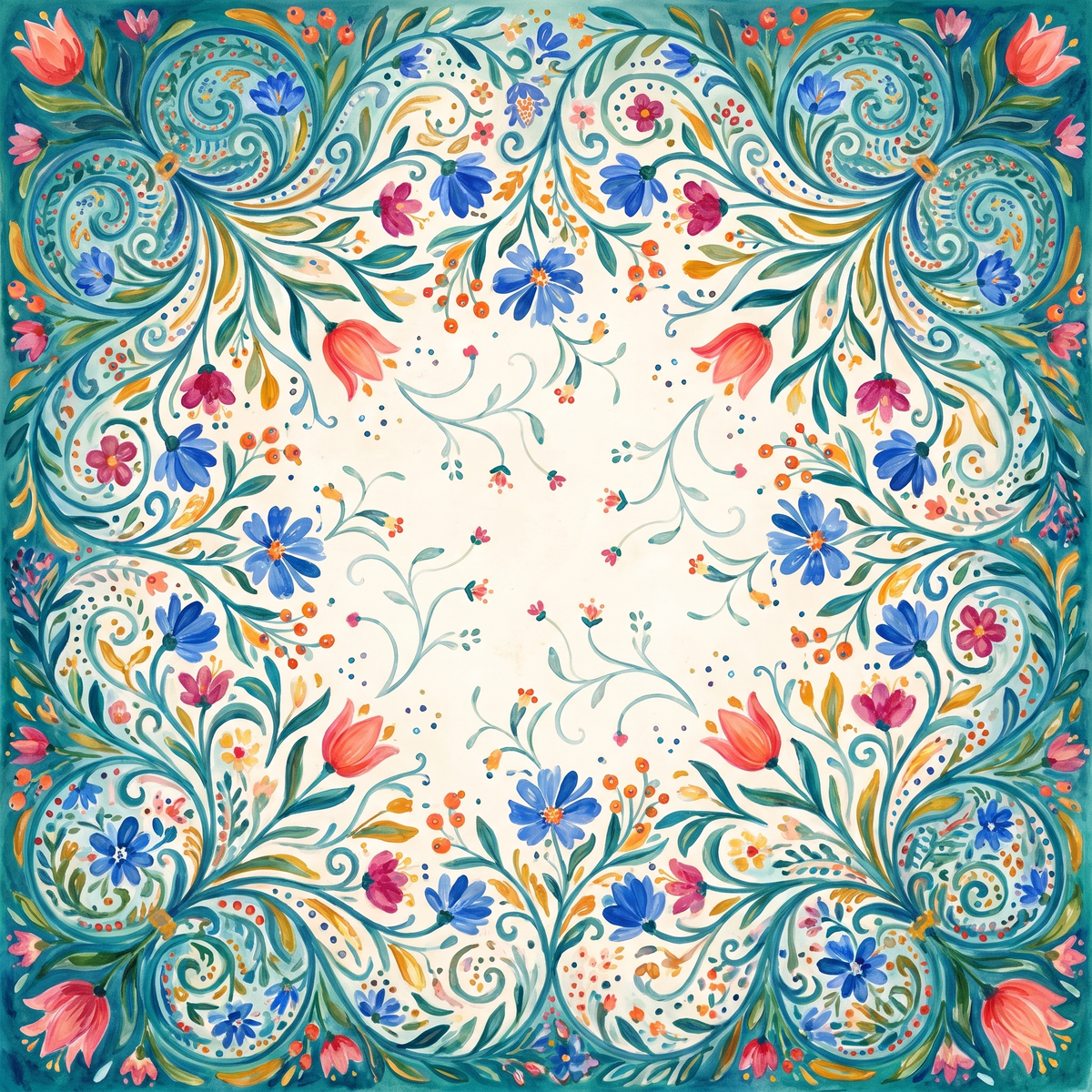 Folk Bloom Mahjong mat design: ornate teal folk floral border with cobalt blossoms and coral tulips around a light cream center