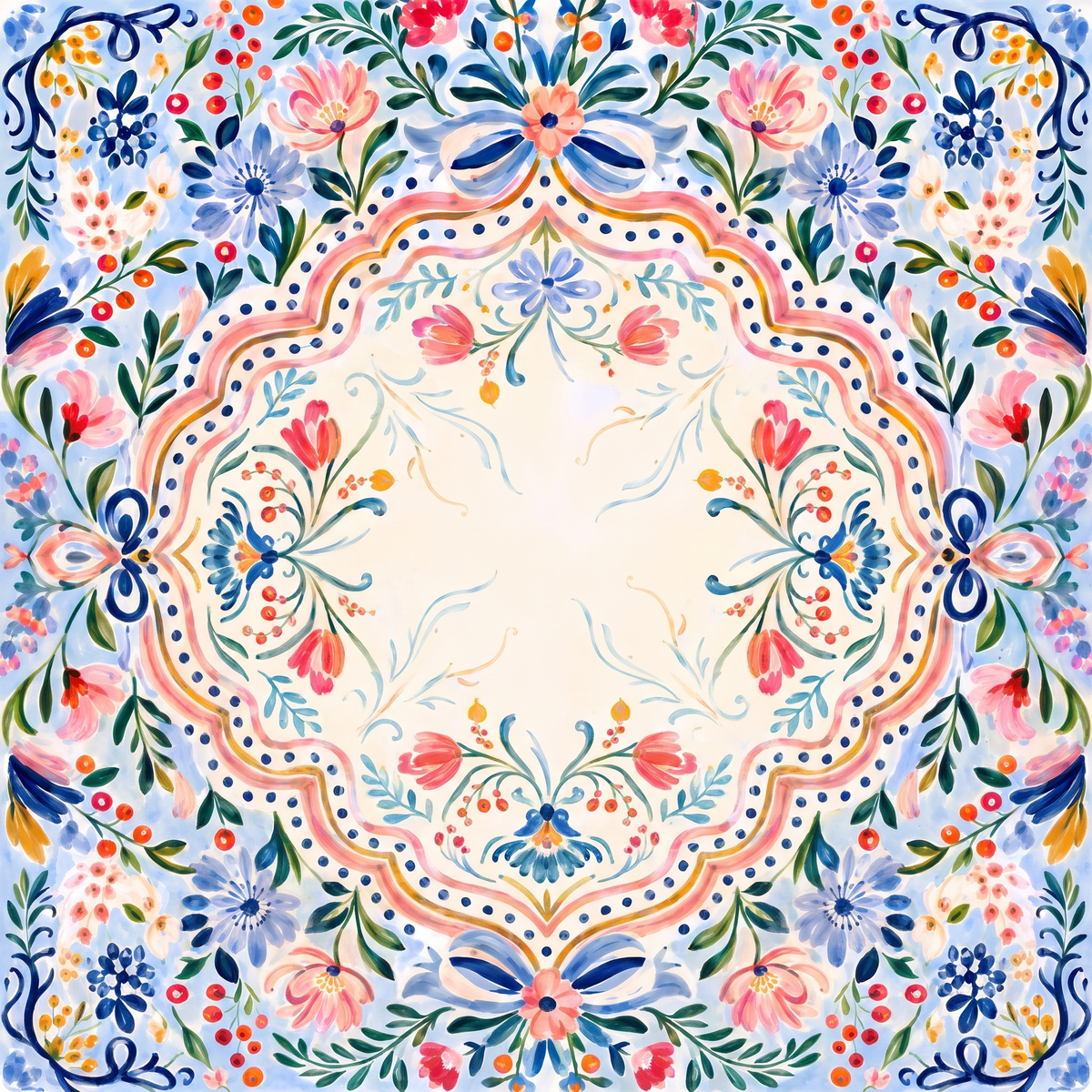 Ribbon Garden Mahjong mat design: symmetrical folk floral border with blue bows, blush flowers and green leaves around a cream center