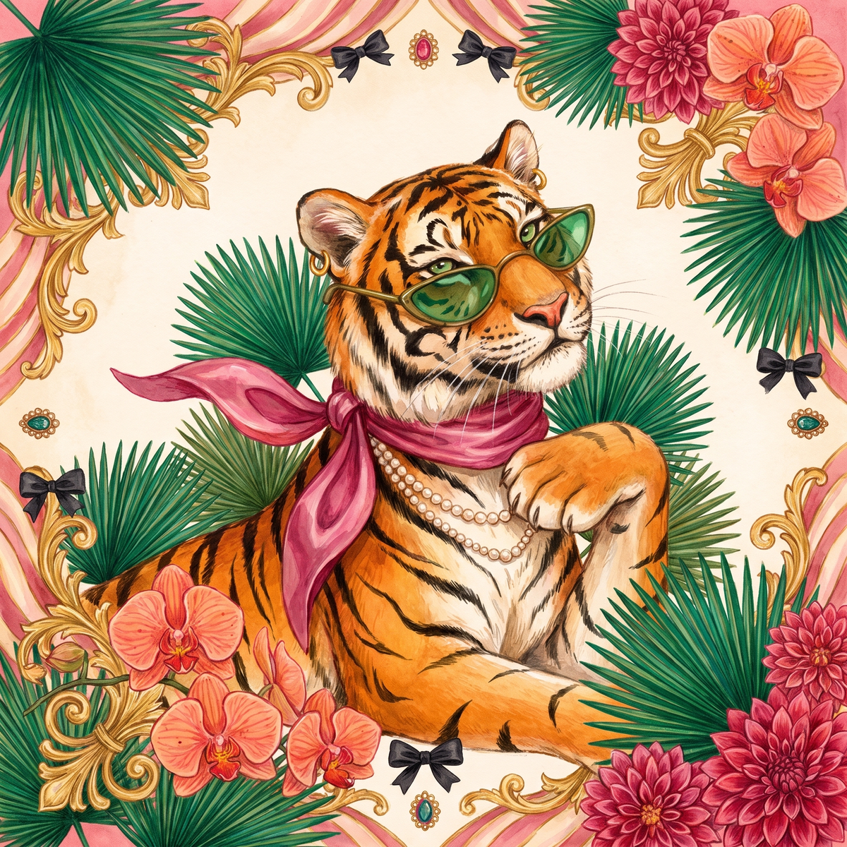 Tigress Society Mahjong mat design: tiger wearing green sunglasses, pearls and a pink scarf among palm leaves and coral flowers
