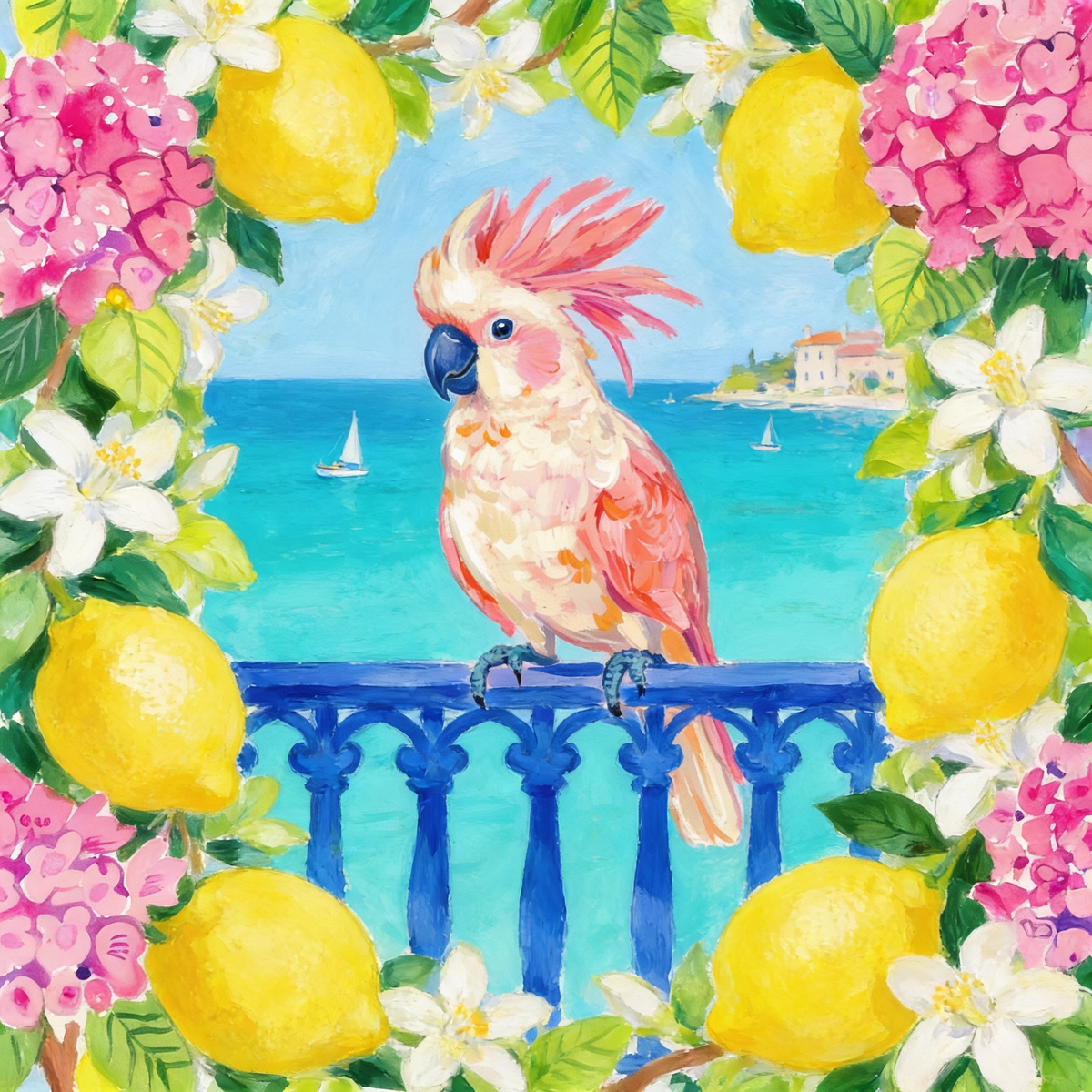 Amalfi Perch Mahjong mat design: pink cockatoo perched on a blue balcony railing above a turquoise sea, framed by lemons and white blossoms