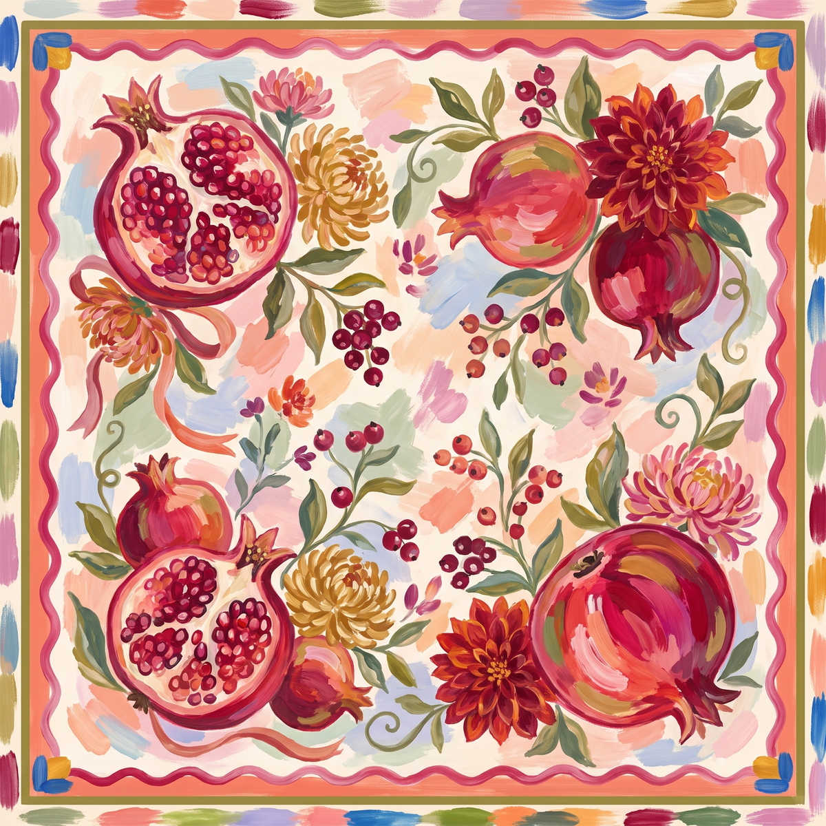 Pomegranate Reverie Mahjong mat design with whole and halved pomegranates, red dahlias, golden chrysanthemums, and berries on a soft pastel background with a pink wavy border