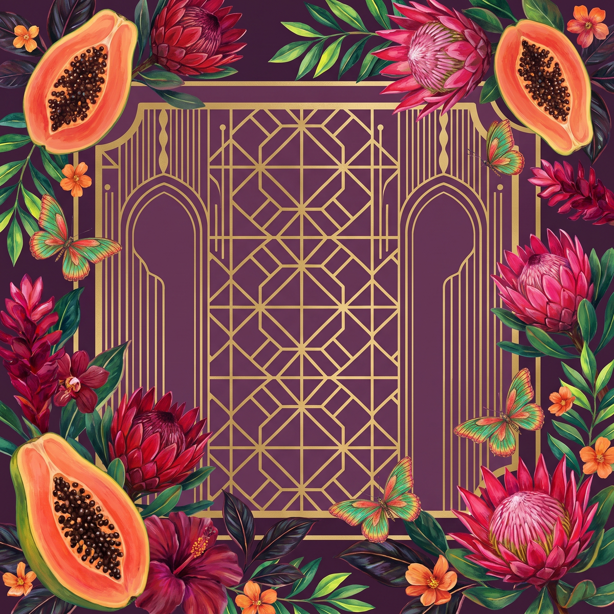 Papaya Royale Mahjong mat design: papayas, red protea flowers and butterflies on deep plum around a gold Art Deco lattice