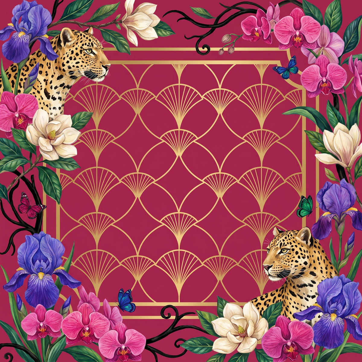 Orchid Leopard Mahjong mat design: leopards with purple irises, pink orchids and magnolias around a raspberry center with gold Art Deco fans