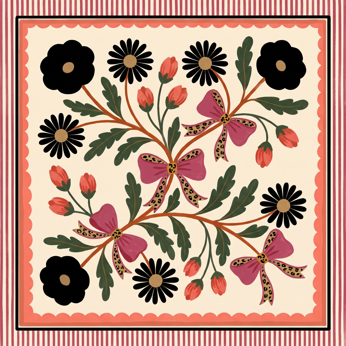 Leopard Bow Garden Mahjong mat design with black daisies and blooms, coral tulip buds, and pink leopard-print bows on a cream background with a coral scalloped border