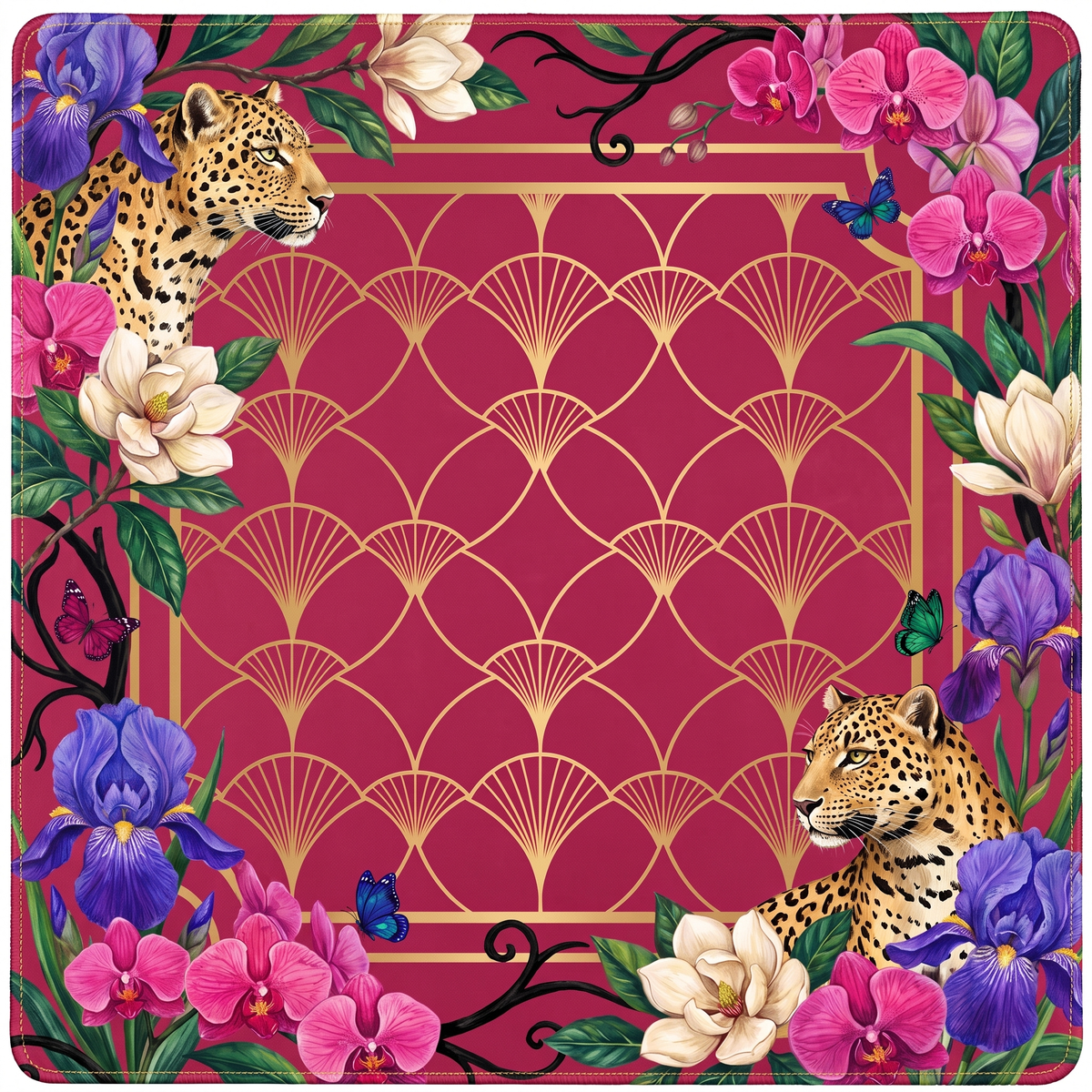 Orchid Leopard American Mahjong mat with leopards and orchids around a raspberry Art Deco center