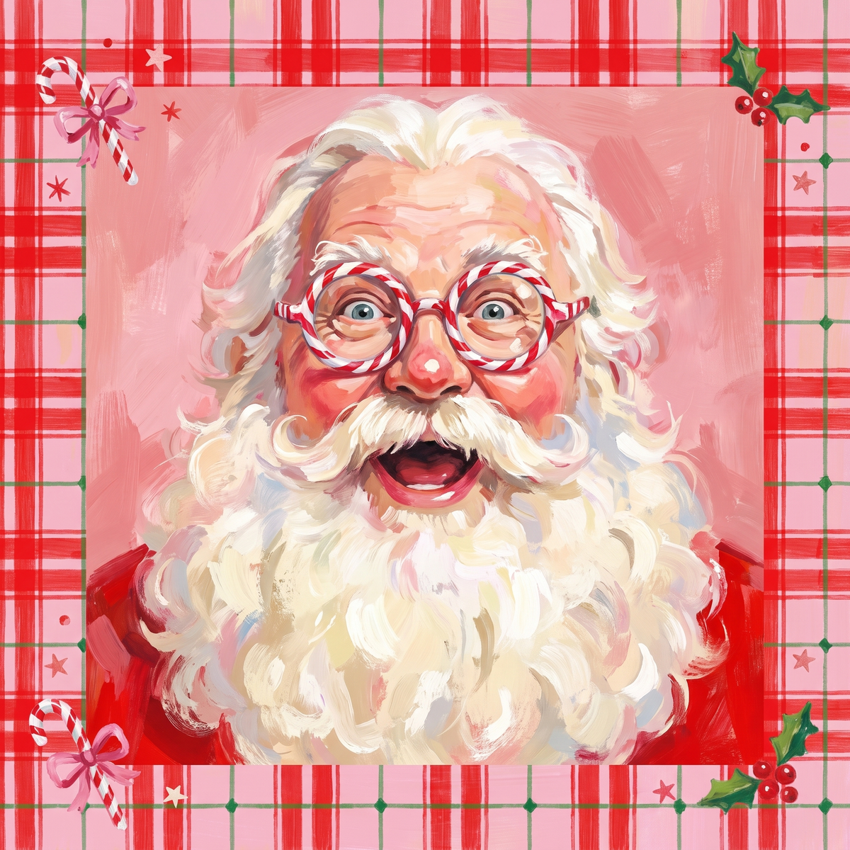 Peppermint Portrait Mahjong mat design featuring a smiling Santa with a full white beard and candy cane–striped glasses on a pink background with a red and pink plaid border