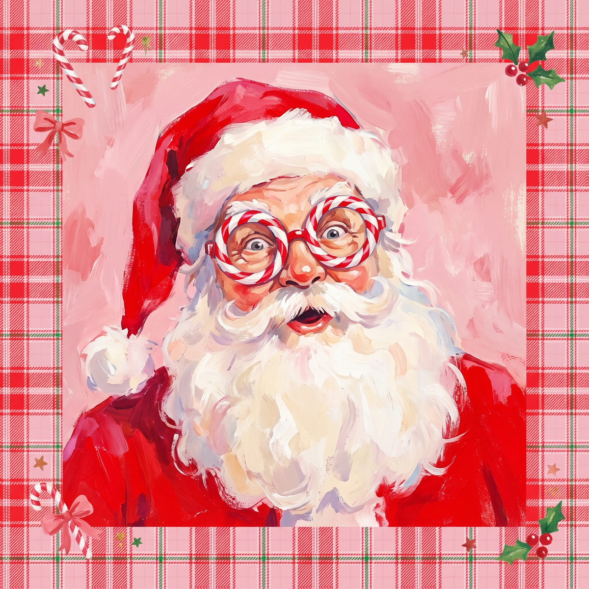 Peppermint Santa Mahjong mat design featuring Santa in a red hat and candy cane–striped glasses on a pink background with a red plaid border