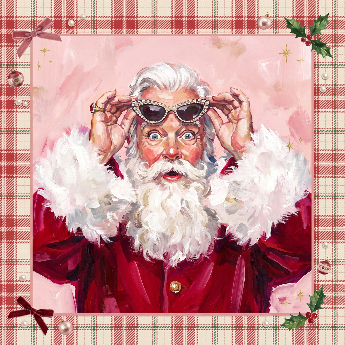 Holiday Glam Santa Mahjong mat design featuring Santa in jeweled cat-eye sunglasses and a white fur collar on a pink background with a red plaid border