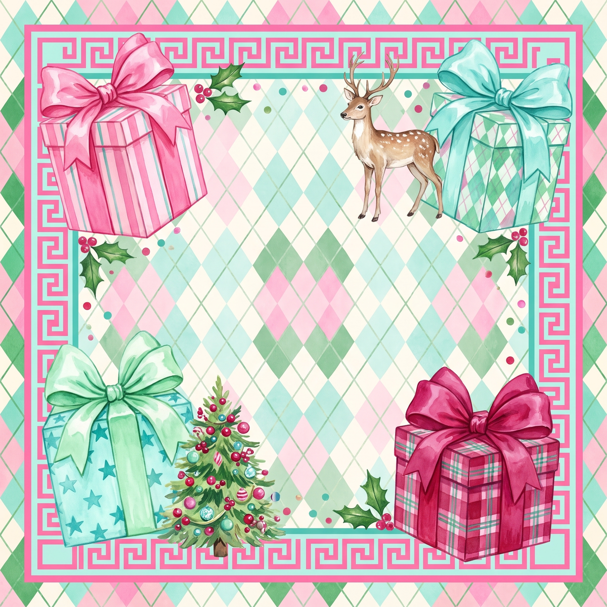 Merry Argyle Mahjong mat design with pink and mint argyle, wrapped gifts with bows, a small Christmas tree, a deer, and holly inside a pink Greek key border