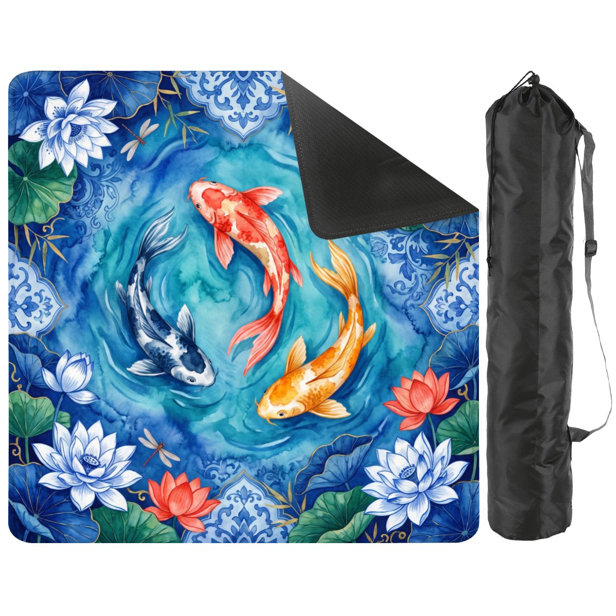 Koi Reverie mat with a corner turned up to show the black non-slip rubber base, with black storage bag