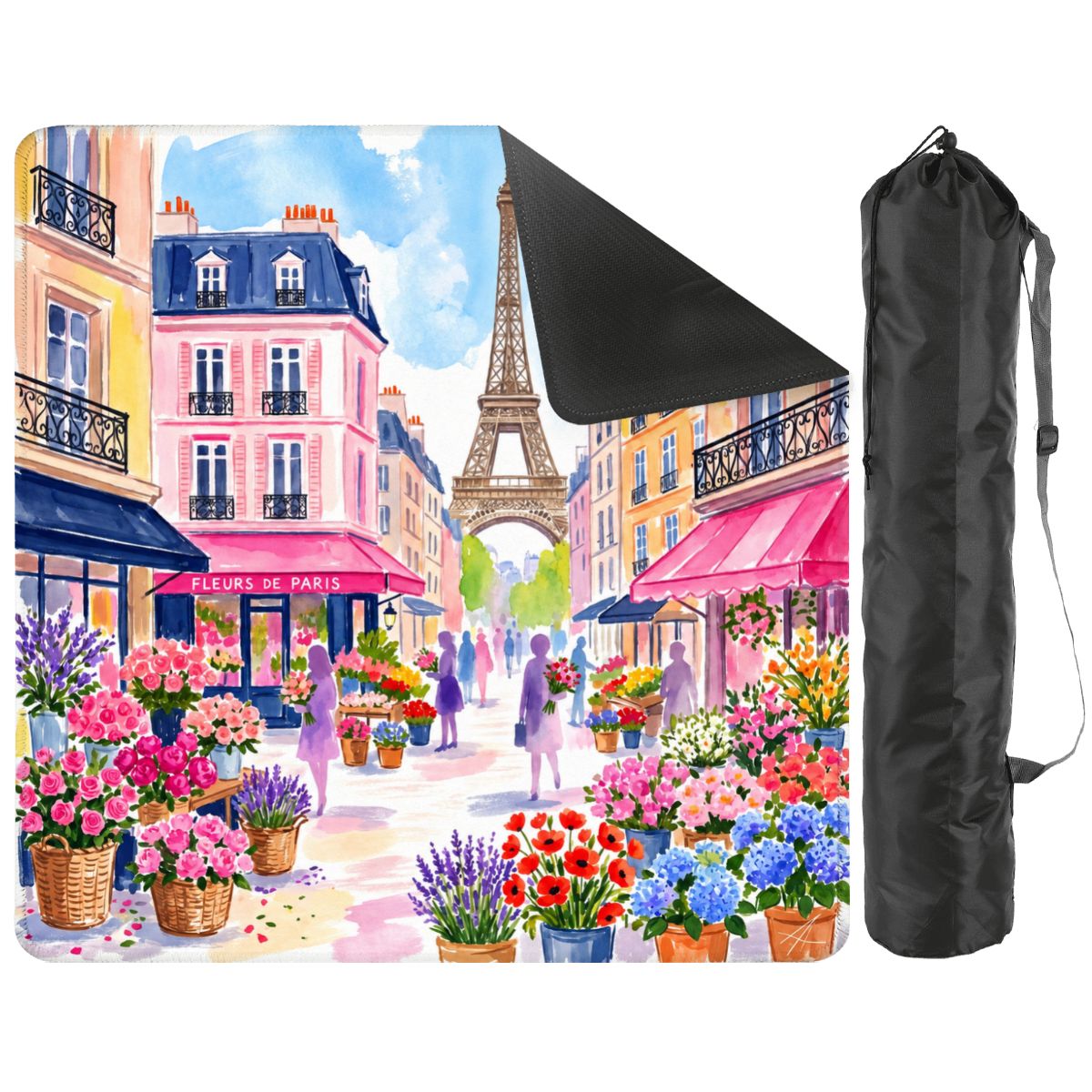 Paris in Bloom mat with a corner turned up to show the black non-slip rubber base, with black storage bag