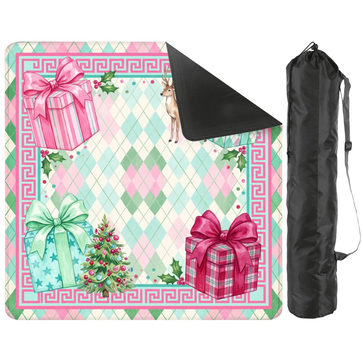 Merry Argyle mat with a corner folded back to show the black rubber base, beside a black drawstring storage bag