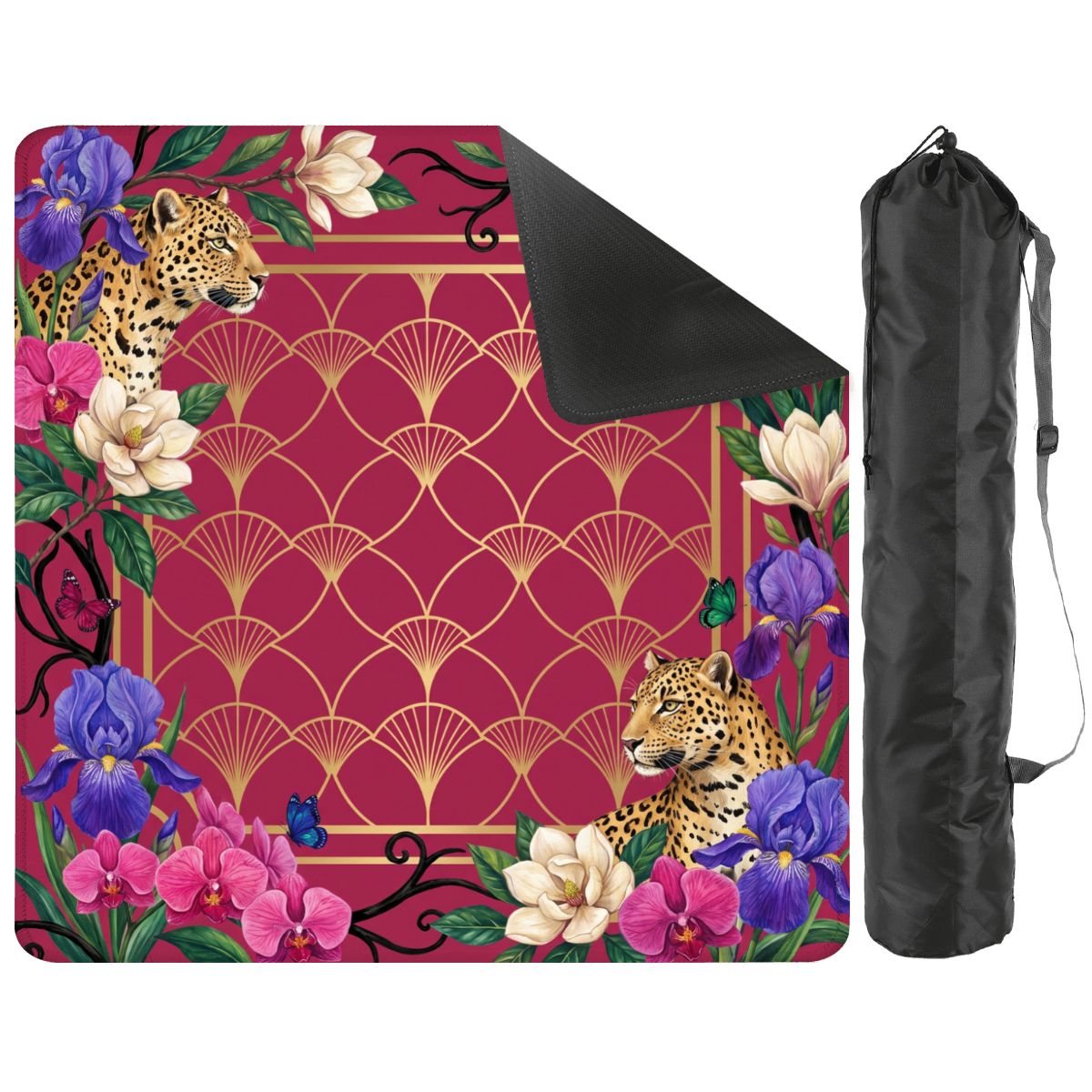 Orchid Leopard mat with a corner turned up to show the black non-slip rubber base, with black storage bag