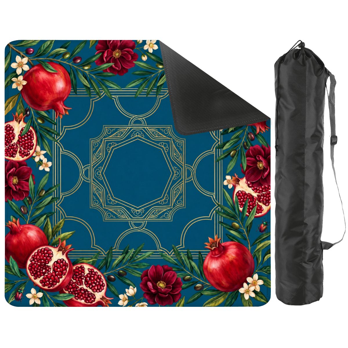 Pomegranate Garden mat with a corner turned up to show the black non-slip rubber base, with black storage bag