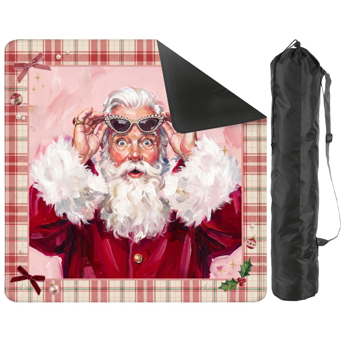 Holiday Glam Santa mat with one corner folded back to show the black rubber base, with a black drawstring storage bag