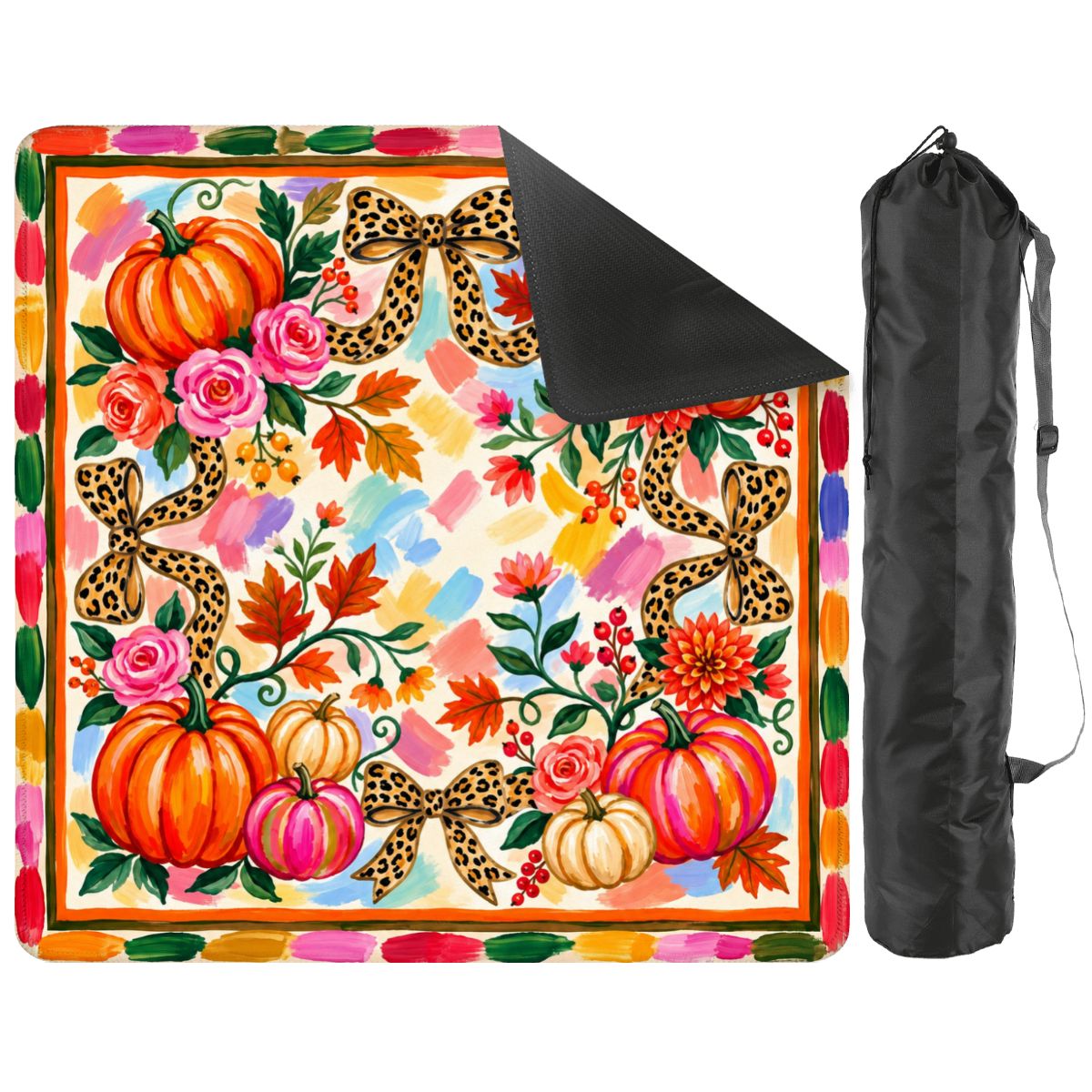 Leopard Harvest mat with the corner turned back to show the black rubber base, next to a black drawstring storage bag