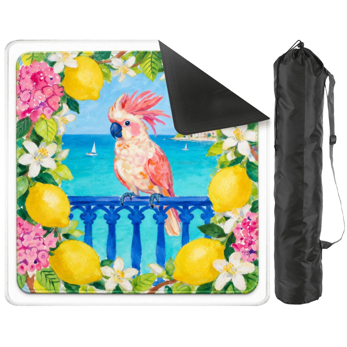 Amalfi Perch mat with a corner turned up to show the black non-slip rubber base, with black storage bag