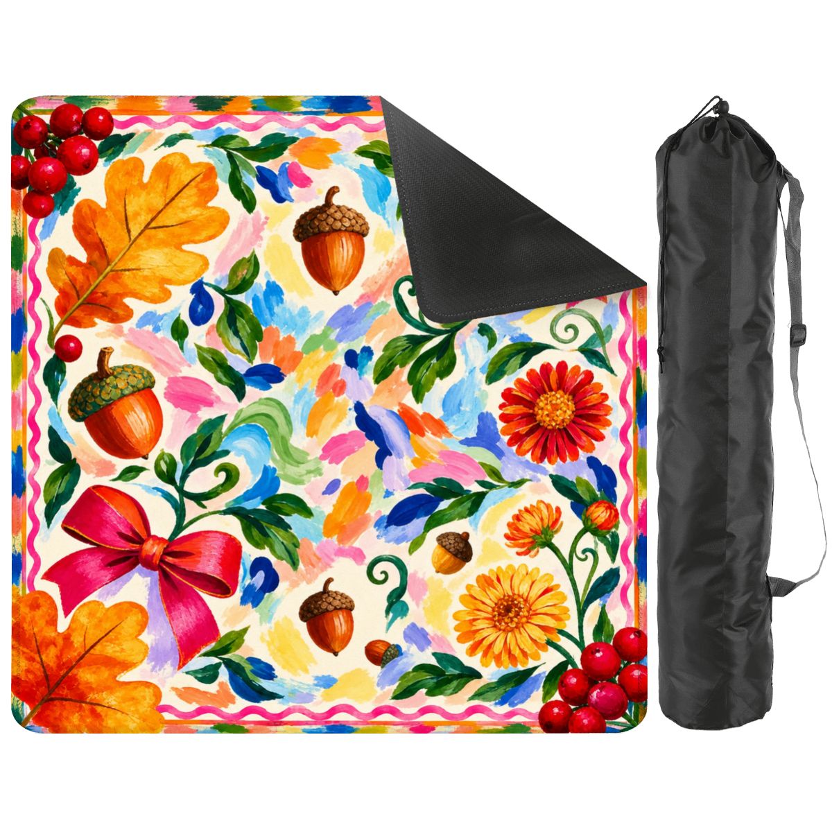 Autumn Ribbon mat with a corner turned back to show the black rubber base, shown with a black drawstring storage bag