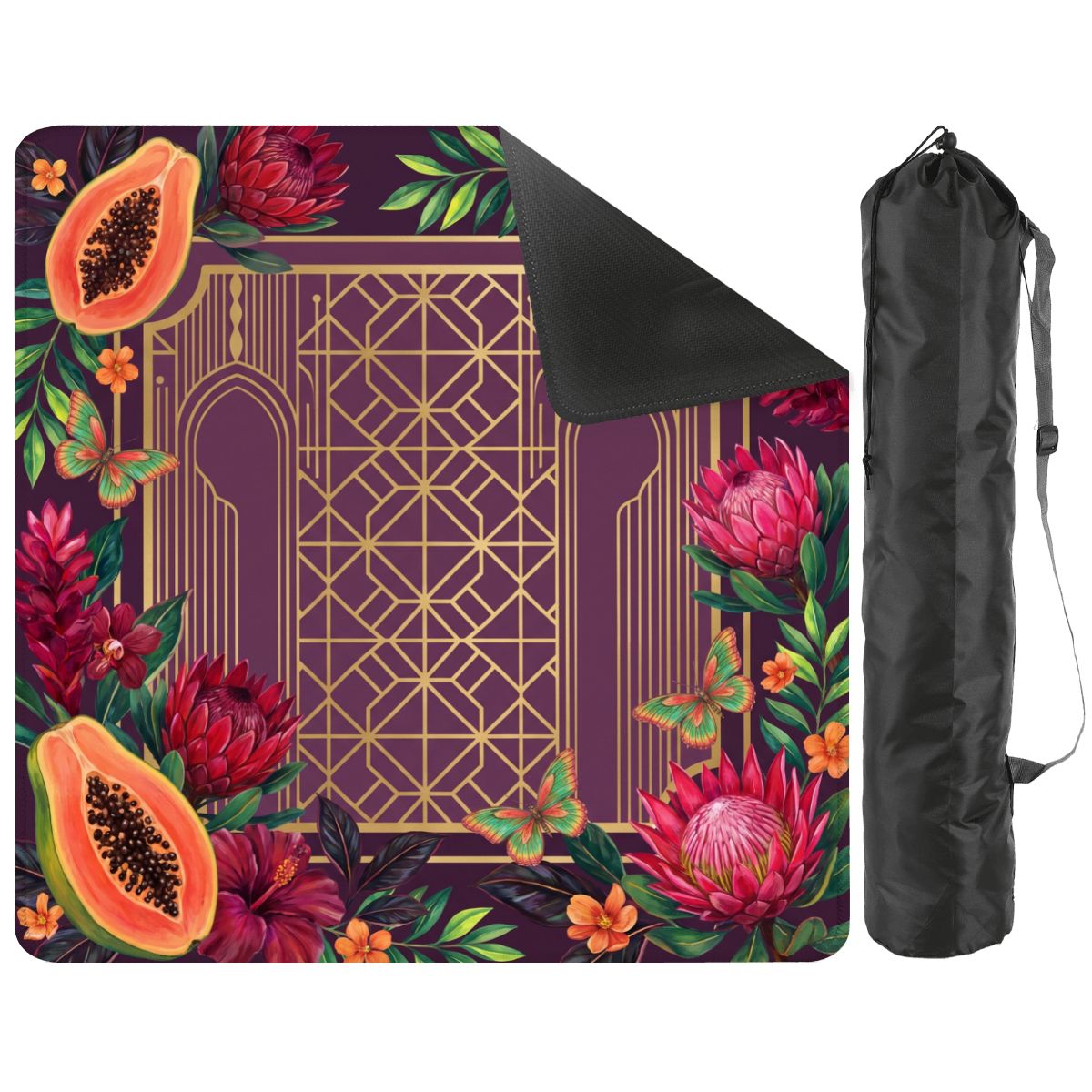 Papaya Royale mat with a corner turned up to show the black non-slip rubber base, with black storage bag