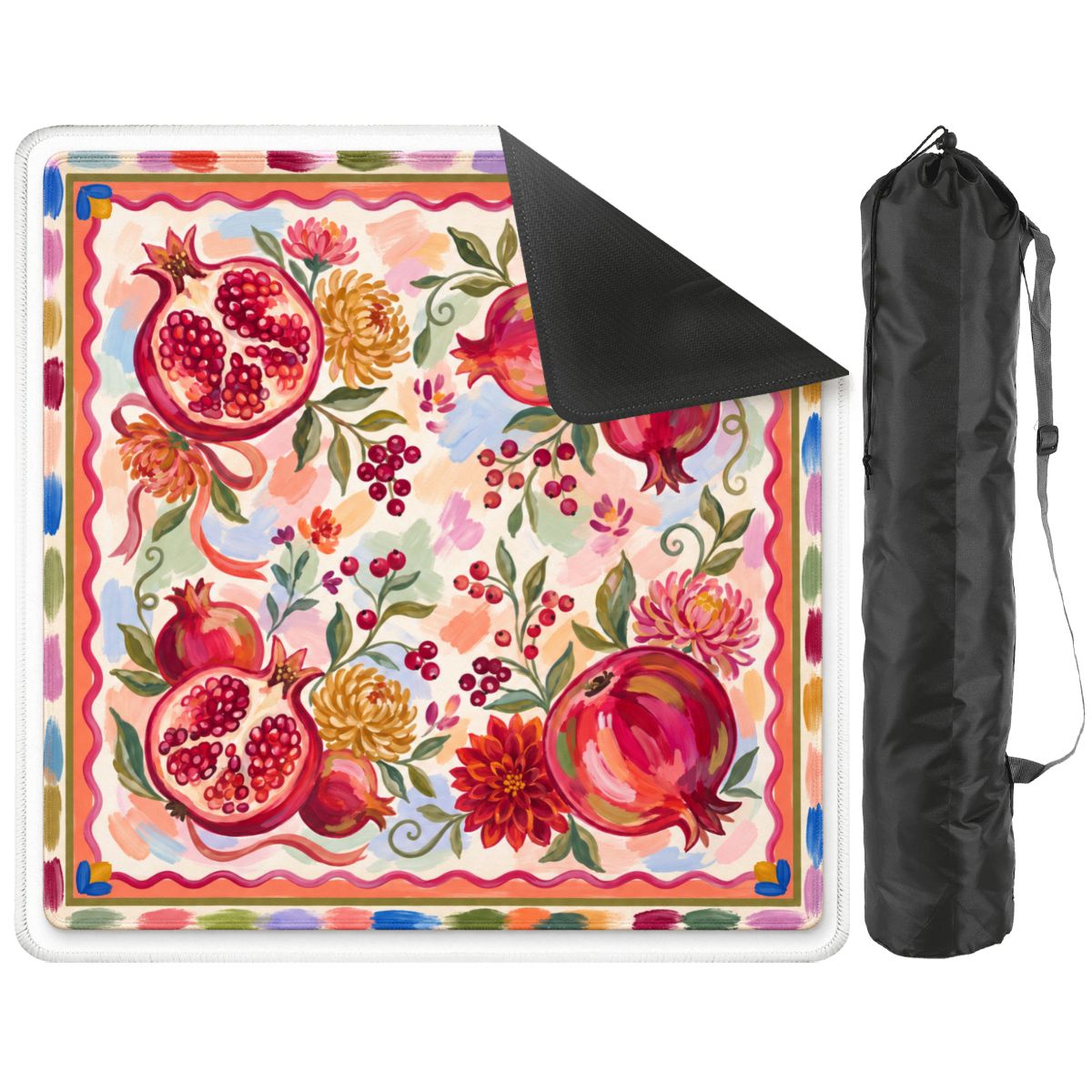 Pomegranate Reverie mat with a corner turned back to show the black rubber base, shown with a black drawstring storage bag