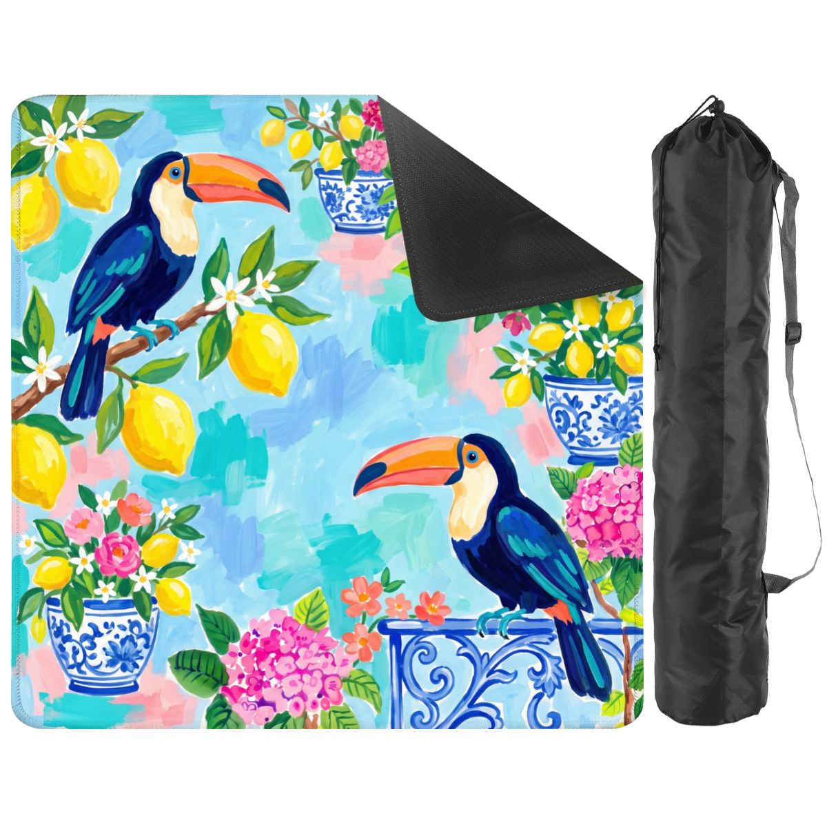 Toucan Bloom mat with a corner turned up to show the black non-slip rubber base, with black storage bag