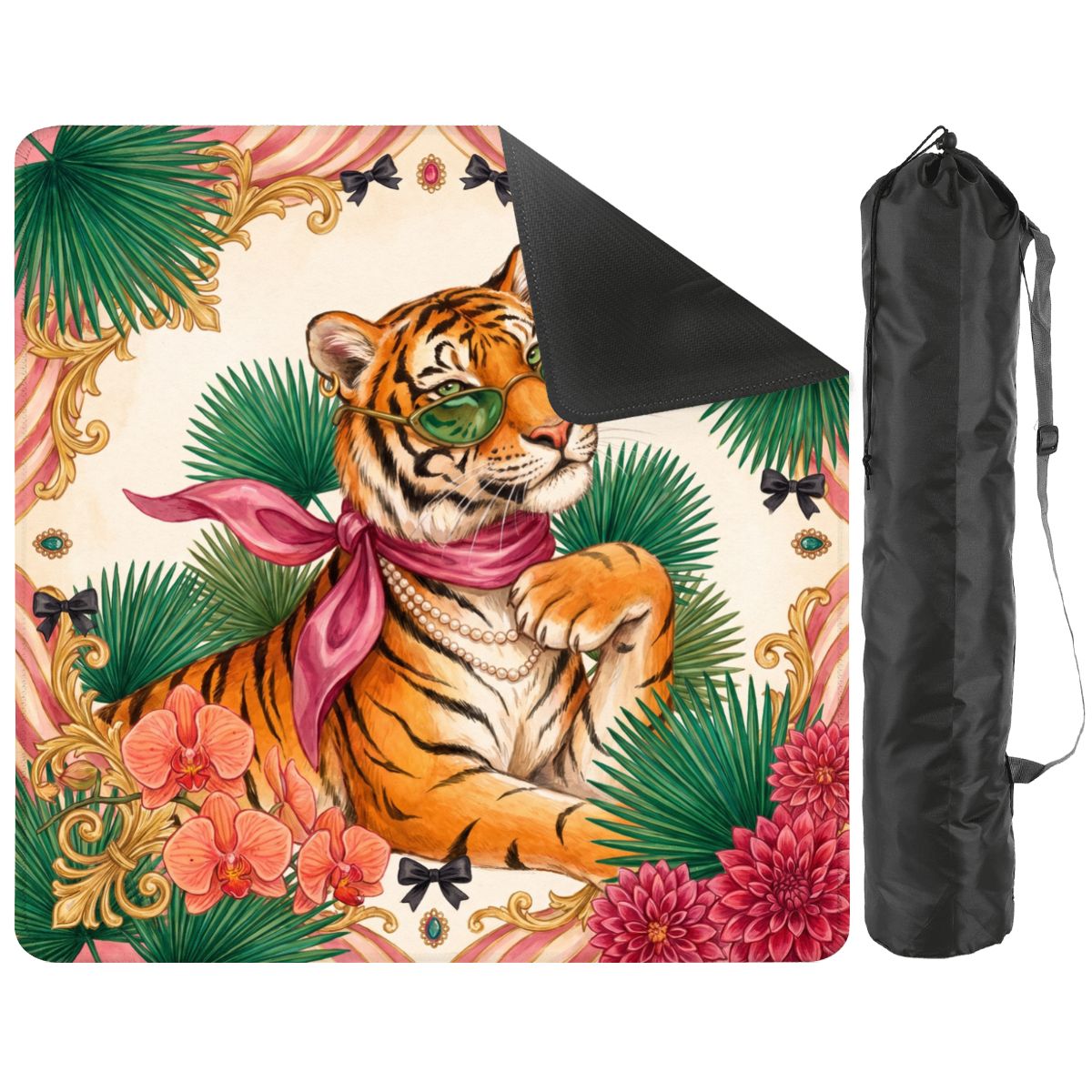 Tigress Society mat with a corner turned up to show the black non-slip rubber base, with black storage bag