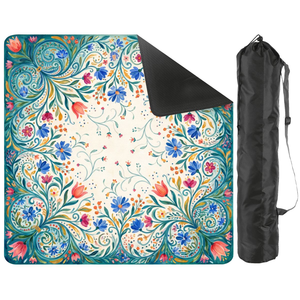 Folk Bloom mat with a corner turned up to show the black non-slip rubber base, with black storage bag