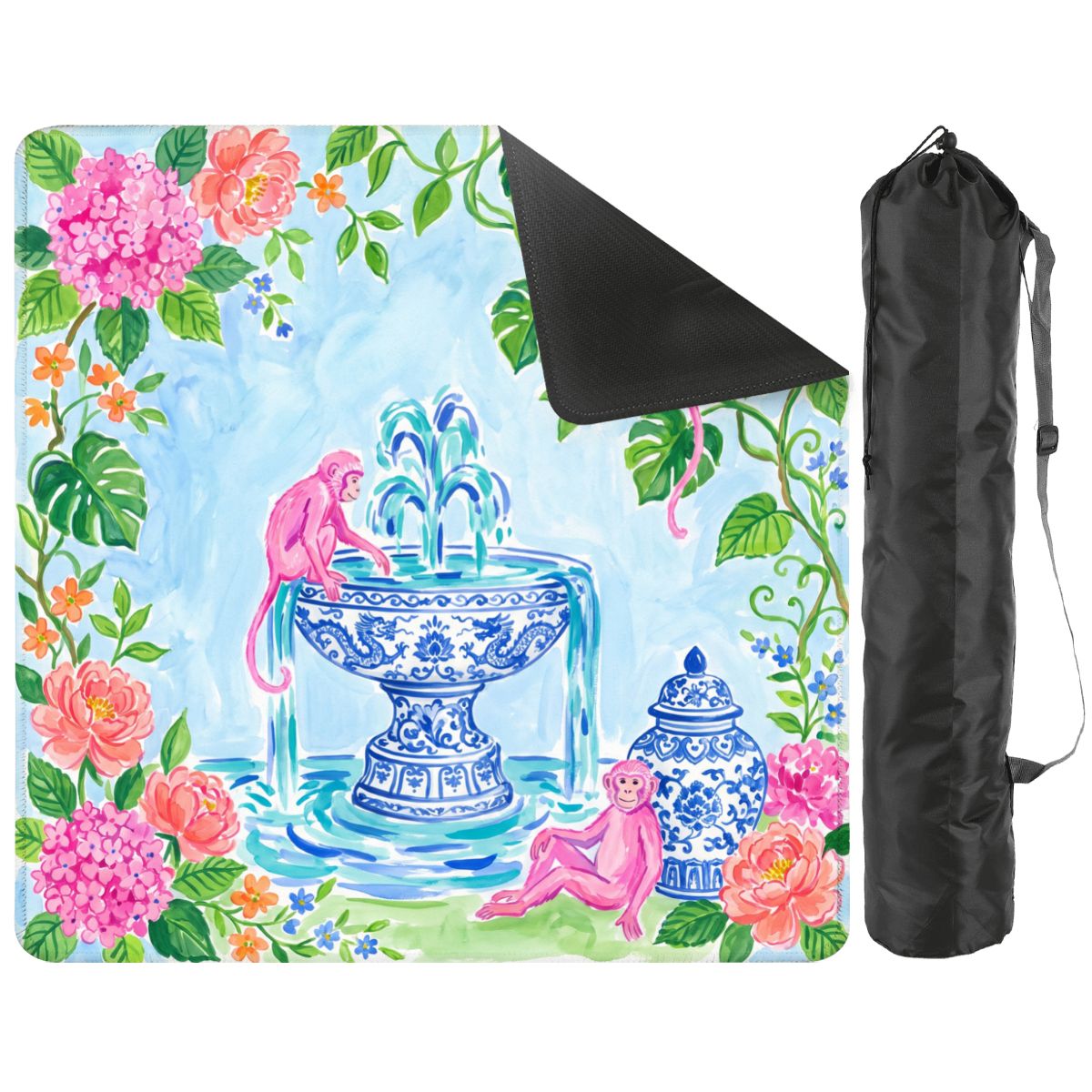 MahjYesPlease mat with a turned-back corner showing the black rubber base, next to its black storage bag